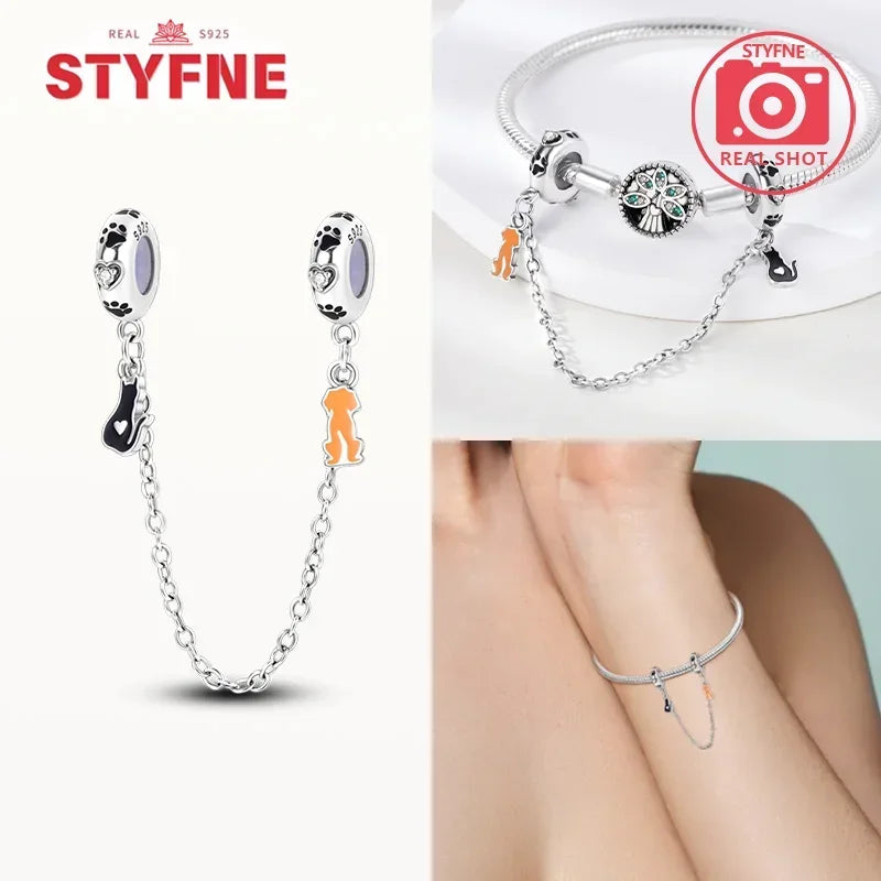 S925 Silver Cute Cat Heart Bead Safety Chain Fit Original Bracelet