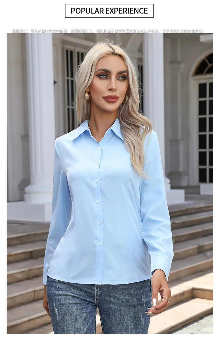 Women’s Solid Color Long Sleeve Shirt – Spring Autumn Casual Turn-Down Collar Loose Top