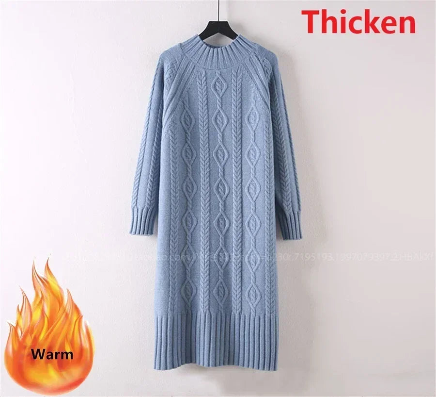 Winter Thicken Plus Velvet Sweater Dress for Women – Fall Mock Neck Rib Knit Midi Dress | Elegant Warm Vestido with Coats