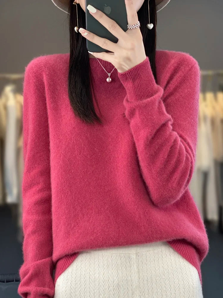 Women’s 100% Merino Wool O-Neck Cashmere Sweater – Autumn & Winter Casual Knitted Pullover 🍂🧶