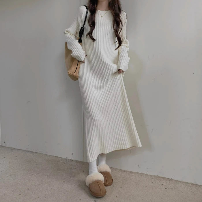 Plus Size Women’s Mid-Length Dress – Casual Round Neck Long Sleeve A-Line H-Line Skirt for Autumn Winter