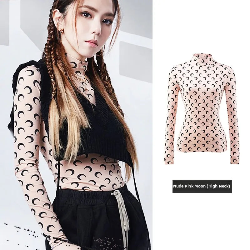 American Retro Women’s Two-Piece Set – Ice Silk Top & Pants with Moon Print Long Sleeve 🌙✨