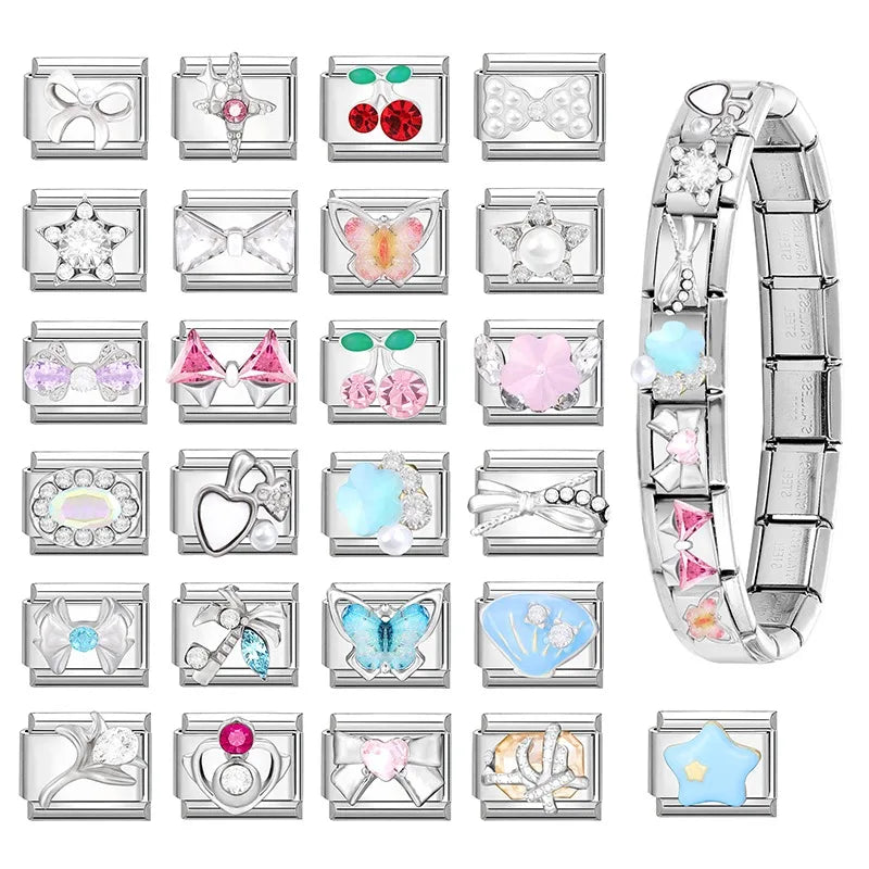 2025 Original Zircon Bow Knot Star Cherry Italian Charm | Stainless Steel 9mm Links DIY Modular Bracelet Jewelry Wholesale