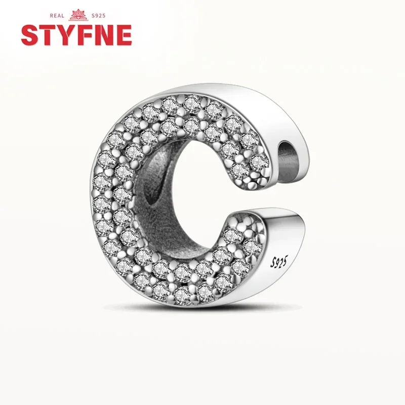 925 Sterling Silver Alphabet Letter Charm Beads with Shiny Zircon – A-Z Initial Beads for Pandora DIY Bracelet & Women’s Jewelry