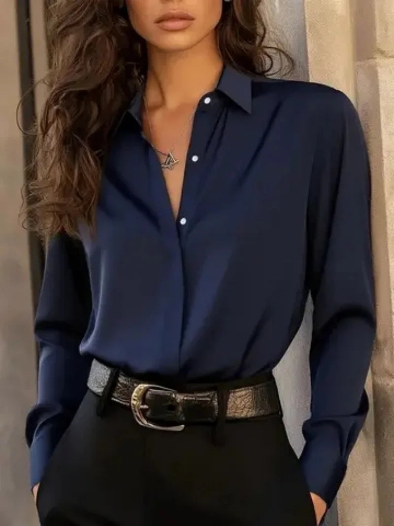 Women’s Long Sleeve Button Down Blouse – Elegant Office Chic Shirt with Classic Collar & Versatile Style ✨