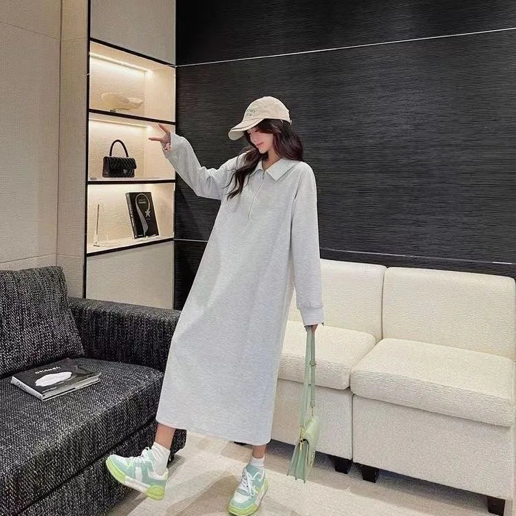 Plus Size Autumn Loose Zip-Up Long Sleeve Sweatshirt Dress – Lazy Fit Over Knee Slimming Dress, Tummy Concealing 300g