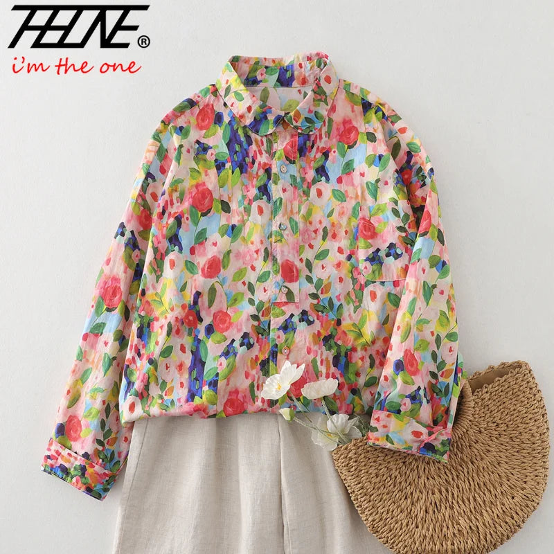 THHONE Spring Elegant Women’s Blouse 2025 | Single-Breasted Loose Print Vintage Shirt | Casual Women’s Top