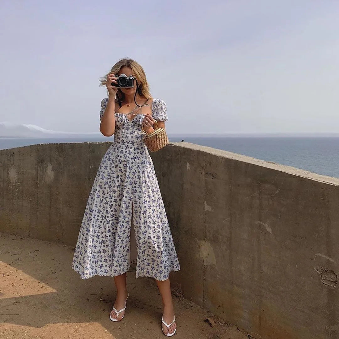 Y2K Vintage Blue Floral Dress – Women’s Elegant Summer Party Puff Sleeve Split Long Dress | Sexy Aesthetic 2024