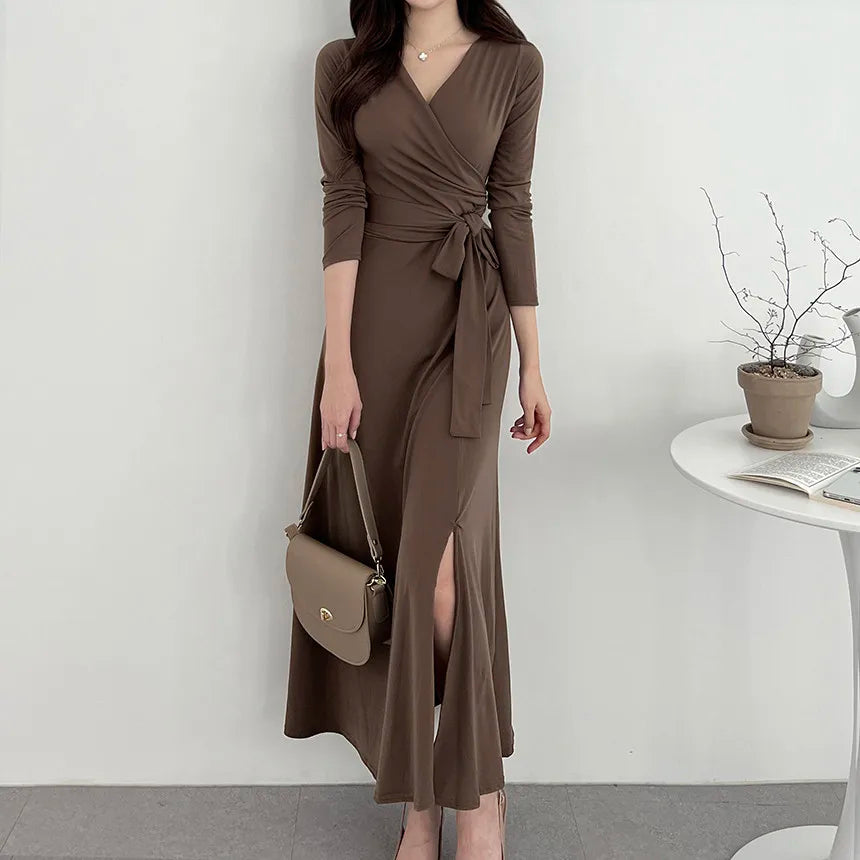 ✨ Slimming V-Neck Cross Wrap Long Dress 👗 Women's Base Layer Dress 🌸 Belted Waist Split Long Sleeve Colorful Commute Wear