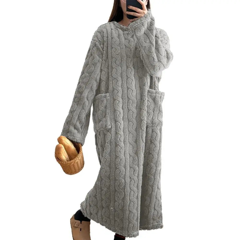 Women's Winter Flannel Nightgown – Long Sleeve Thickened Warm Sleepwear with Double Pockets, Loose Solid Jacquard Nightdress