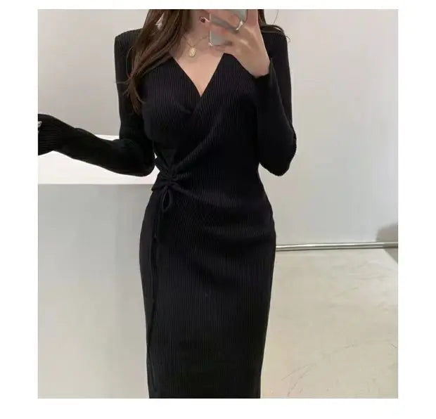 Chic V-ne Pleated Dstring Slimming Mid-length Wrap Body Knitted Dr Women's Sweater Dr Korean Sle High Waist A-line