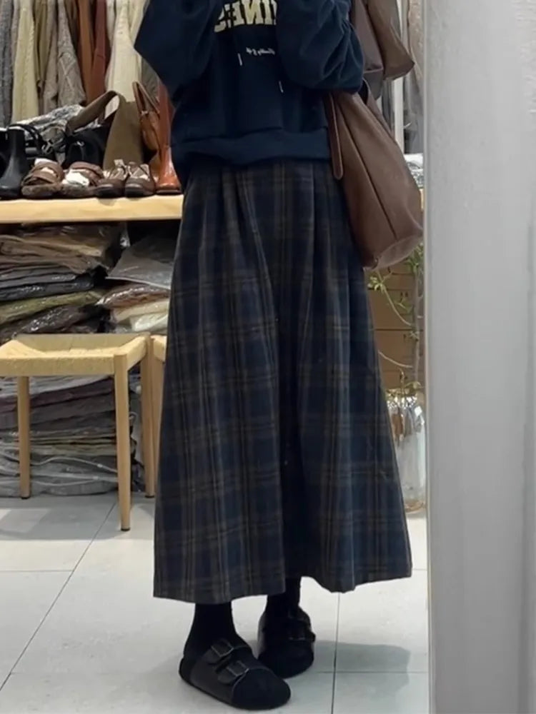 Retro Japanese Style High Waist Woolen Plaid Skirt – Women’s Autumn Winter Plus Size Mid-Length A-Line Skirt