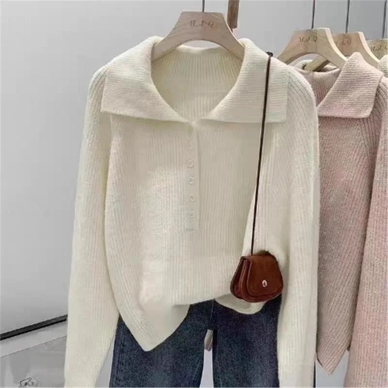 Pink Lazy Korean Style Big Collar Sweater – Women’s Autumn Winter Slim Soft Knitted Top | Sweet Loose Fit Versatile Knit
