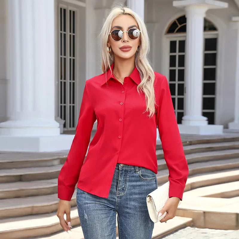 Women’s Solid Color Long Sleeve Shirt – Spring Autumn Casual Turn-Down Collar Loose Top
