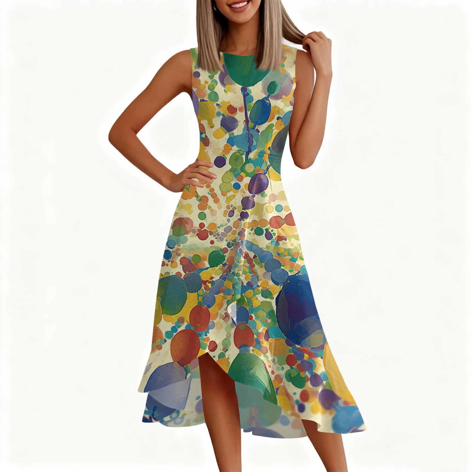 Carnival Women's Dress 🎉 Ruffled Printed Casual Dress 👗 Sleeveless Round Neck Stylish Festival Costume ✨