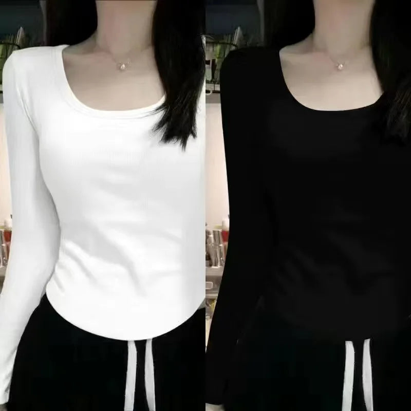 Women's Fleece-Lined Long Sleeve T-Shirt ❄️ Sweet Slim Fit U-Neck Top 👚 Autumn Winter Warm Fashion