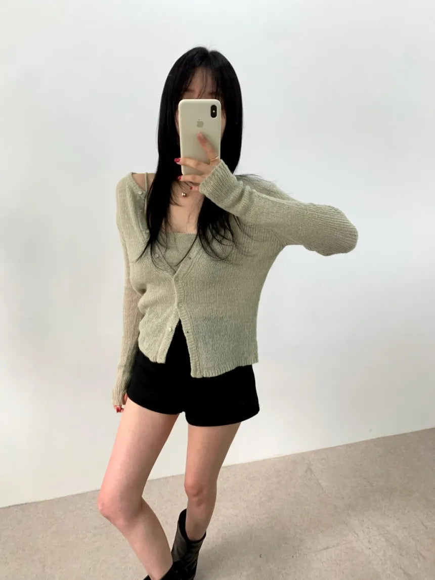Simple round Ne Button up Knit Sweater Strap Set Casual Sle Polyester Fiber Open Cardigan for Women Autumn Winter ential