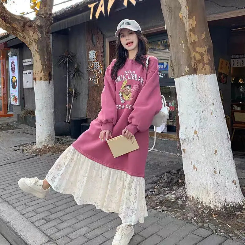Sweet School Style Pink Lace Sweatshirt Dress – High Waist A-Line Cute Casual Women’s Fashion