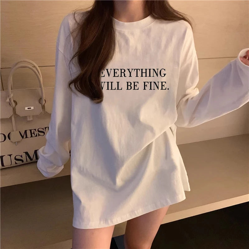 Women’s Long Sleeve Cotton T-Shirt | Fleece-Lined White Base Layer | Loose Fit Autumn Inner Wear