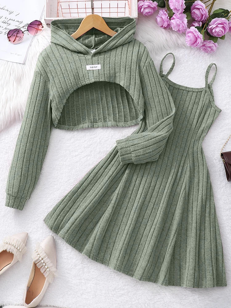 Autumn & Winter Women’s & Children’s Two-Piece Set – Elegant Short Top & Dress Casual Fashion 🍂👗