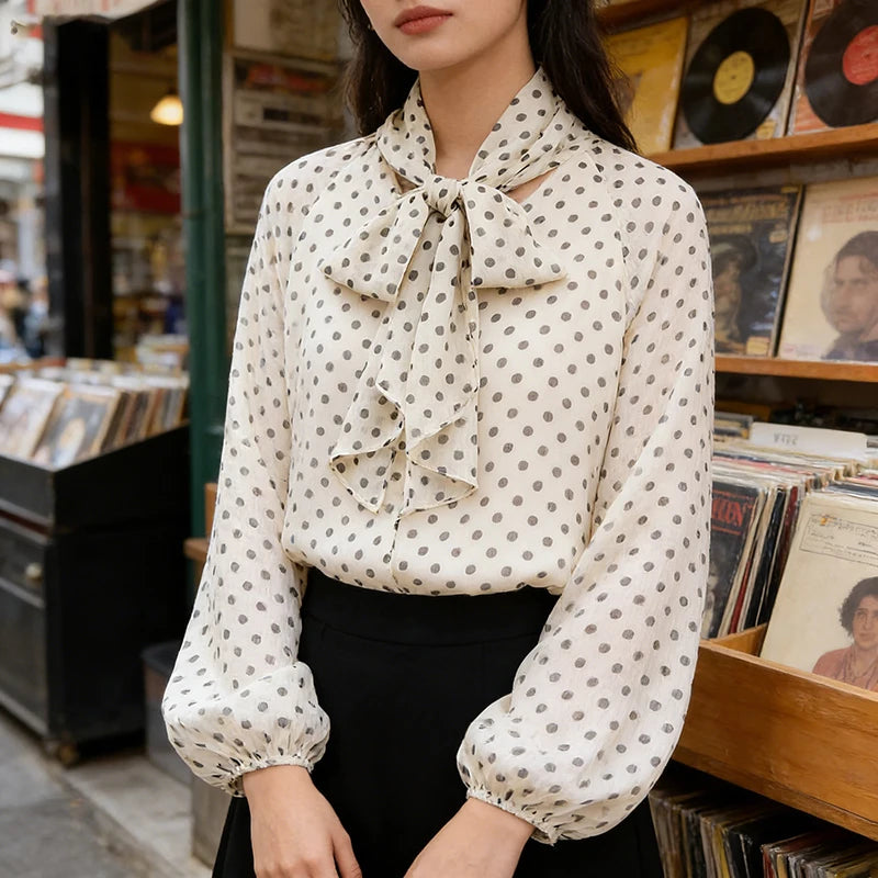 Women’s Polka Dot Shirt – Beige/Brown High Neck Puff Sleeve Casual Loose Top Fashion Commuter Style 🌿✨