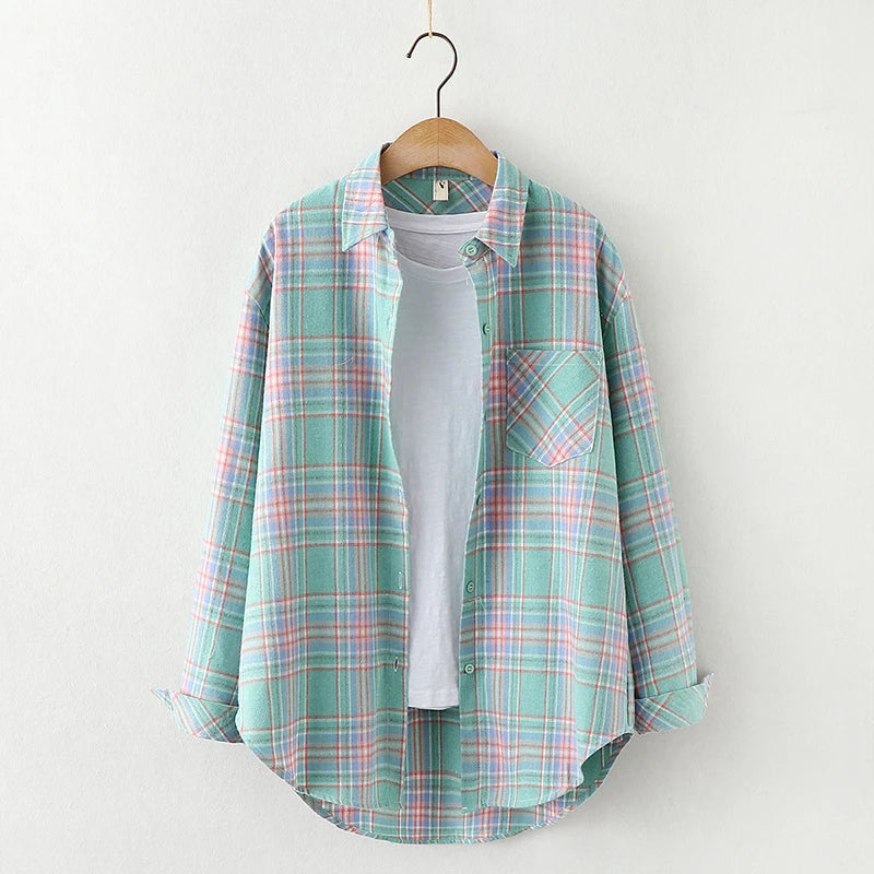 Fresh Flannel Plaid Shirt for Women | 2025 Loose Cotton Long Sleeve Casual Blouse & Top