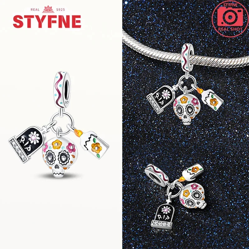 925 Sterling Silver Halloween Skull & Ghost Charms – Colored Beads Fit Original Pandora Bracelet DIY Jewelry Gift for Women
