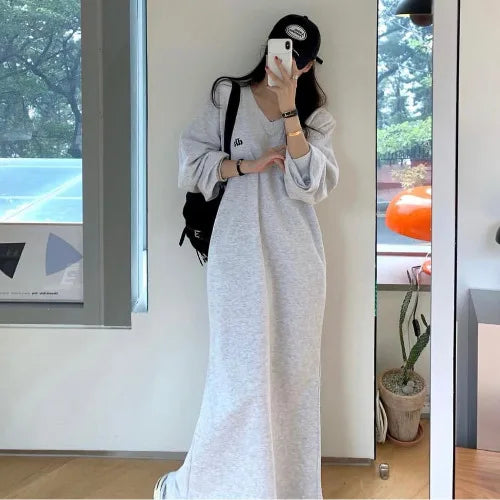 Autumn Winter Lazy Style V-Neck Embroidered Letter Loose Sweatshirt Dress – Long Sleeve Sweet Lantern Sleeve Women’s Casual Dress
