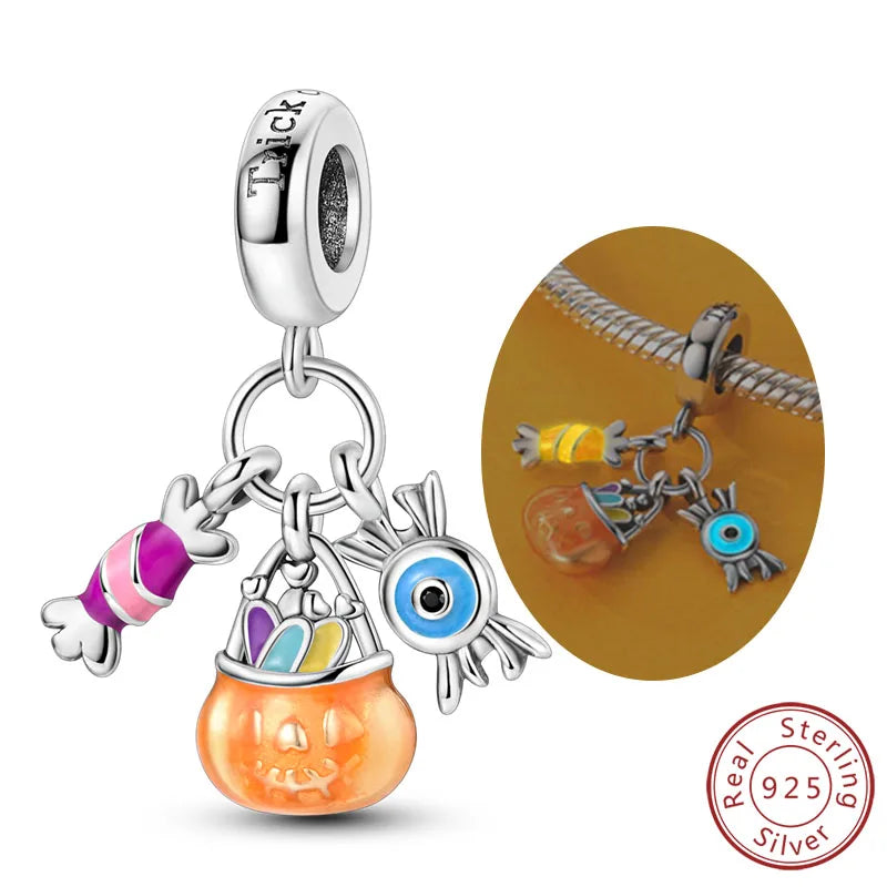 Halloween 925 Sterling Silver Charm Bead – Pumpkin, Witch, Skeleton, Mummy & Candy Pendant for DIY Original Bracele