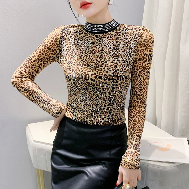 2025 European Station Women’s Long Sleeve Tee – Stand Collar Slim Mesh Top with Hot Diamond ✨👚