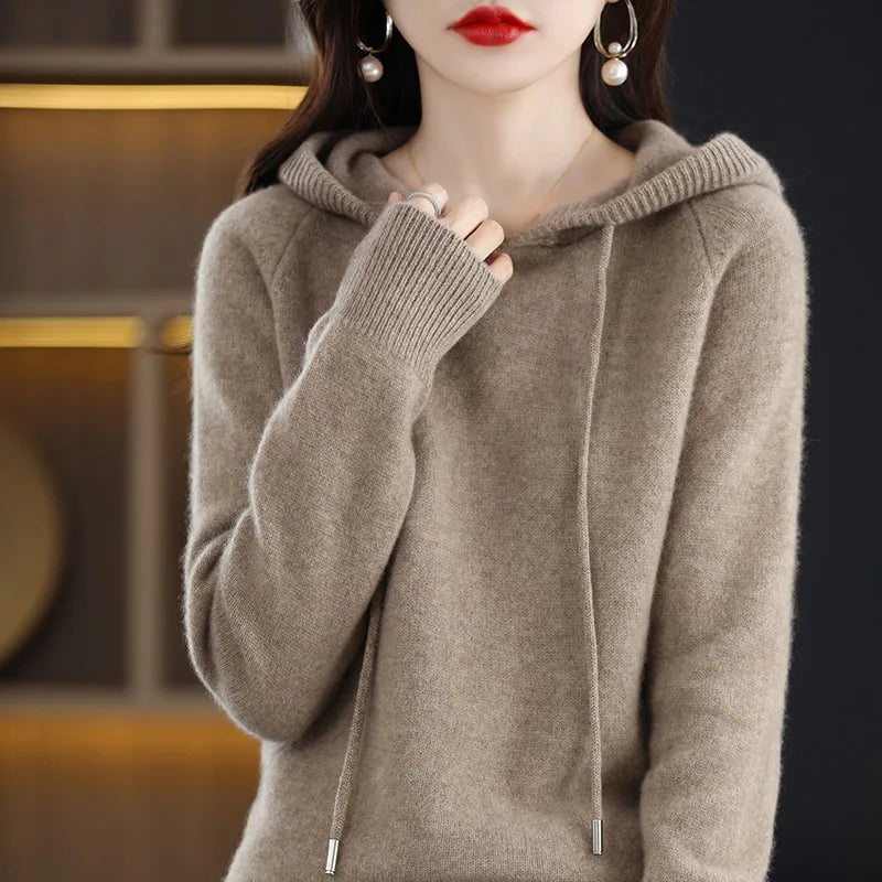 Women Pullover Sweater Hooded Jumper – Korean Loose Fit Solid Long Sleeve Thick Warm Knitted Sweater Autumn Winter