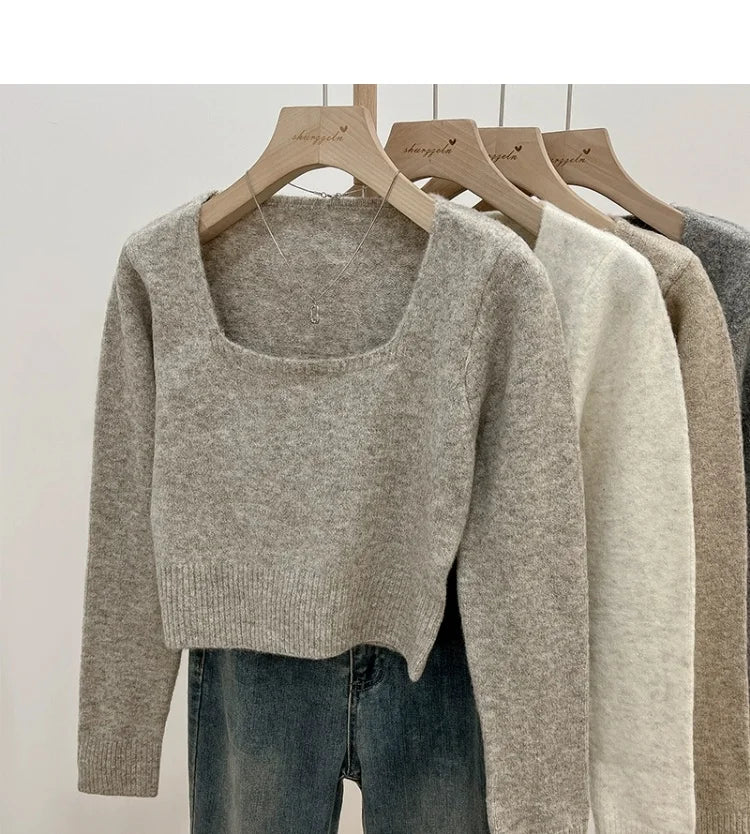 ✨ Soft Short Knitted Sweater Top for Women 🍁 Square Collar Slim Fit | Autumn Winter Inner Base Shirt 👚