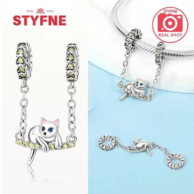 S925 Silver Cute Cat Heart Bead Safety Chain Fit Original Bracelet