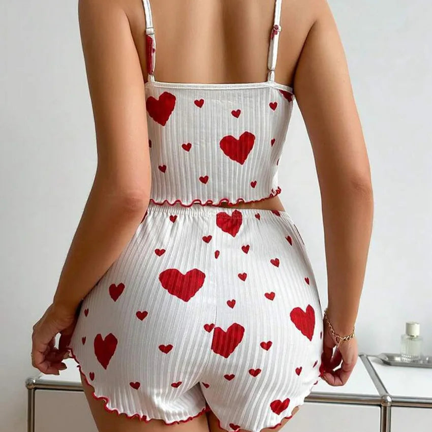 Women’s 2-Piece Pajamas Set – Short Tank Top & Shorts Sleepwear, Soft Casual Ventilated Loungewear with Love Print