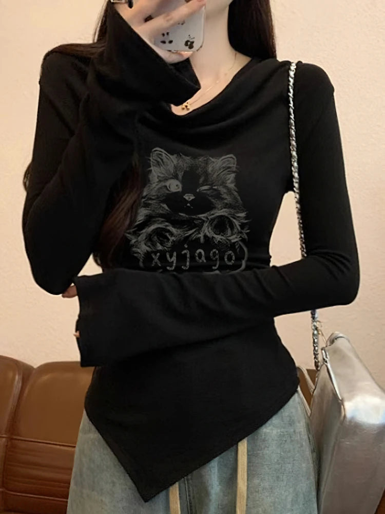 Y2K Cat Long Sleeve Women’s T-Shirt – Luxury Korean Off-Shoulder Slim Casual Top 🐱✨