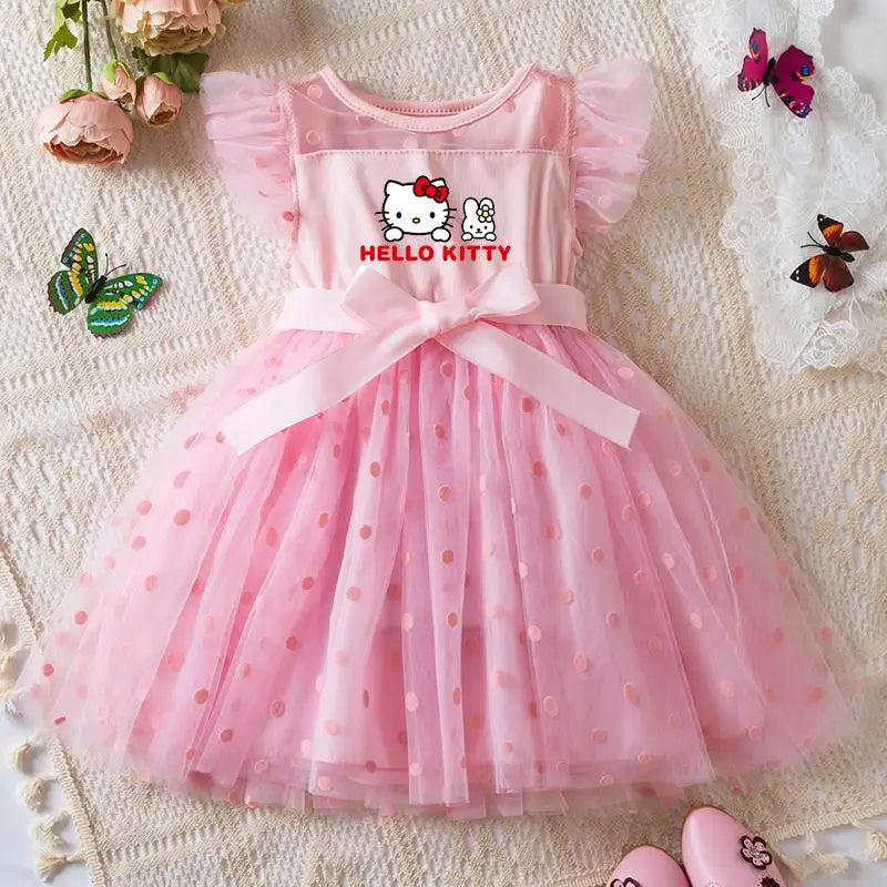 Hello Kitty Summer Kids Girls  Ruffles Sleeves Elegant Princess Mesh Dresses Girls Birthday Party Casual Sweet Dresses 2-6Y