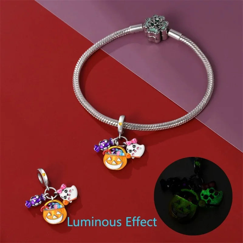 925 Sterling Silver Halloween Luminous Skull & Pumpkin Charms | Fits Original Pandora Bracelet | Party DIY Jewelry Gift