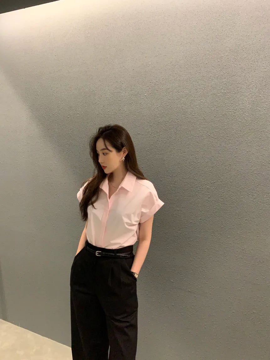 Chic Summer Loose Women’s Shirt | Classic Pure Color Professional Blouse with Small Lapel Collar