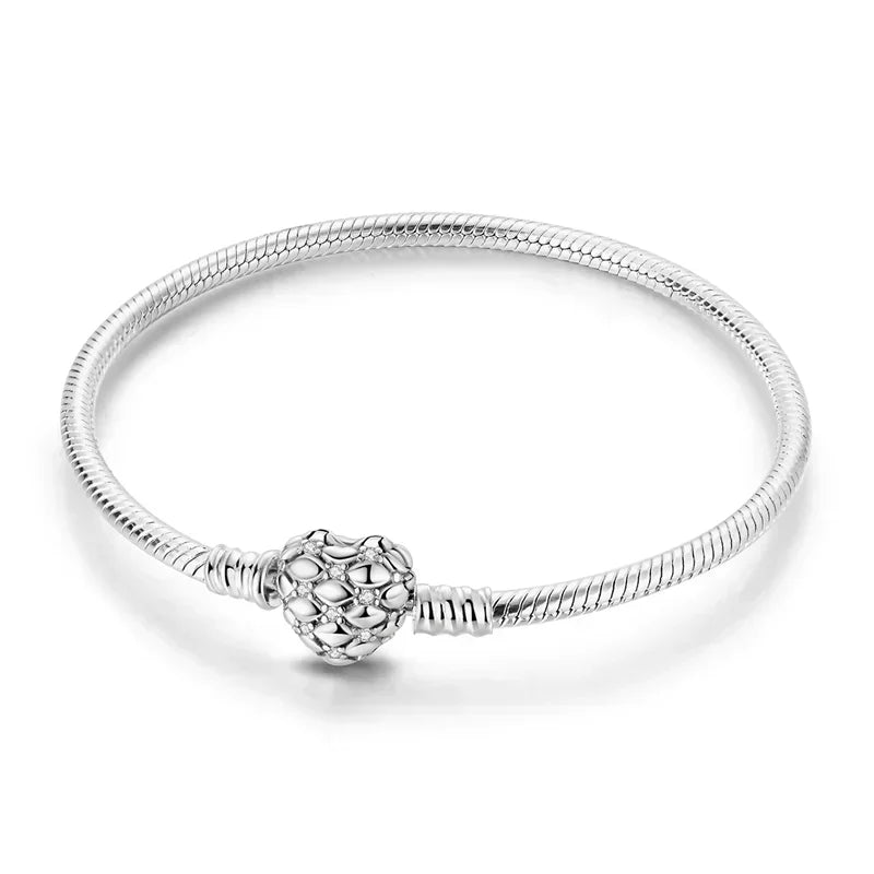 925 Sterling Silver Heart & Star Moon Bracelet | Pave Zirconia Snake Chain, Cat Claw Love Bangle for DIY Jewelry