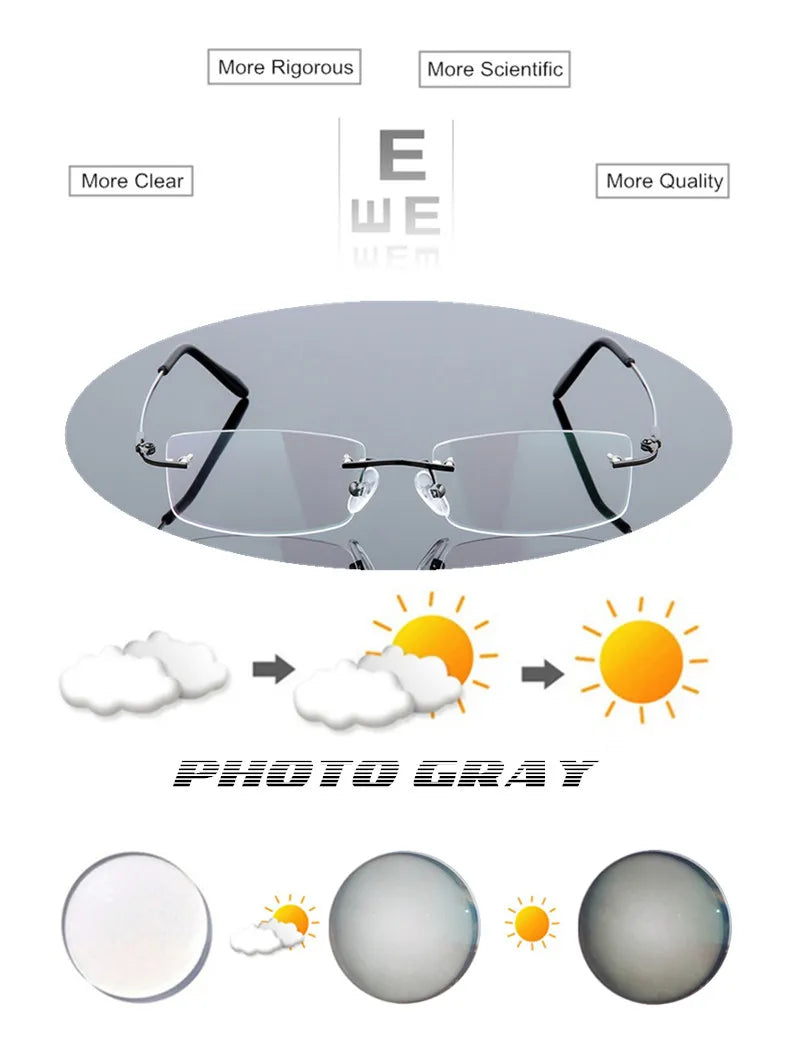 Titanium Alloy Rimless Glasses – Custom Prescription Eyewear for Men & Women | Anti Blue Ray & Photochromic Lenses