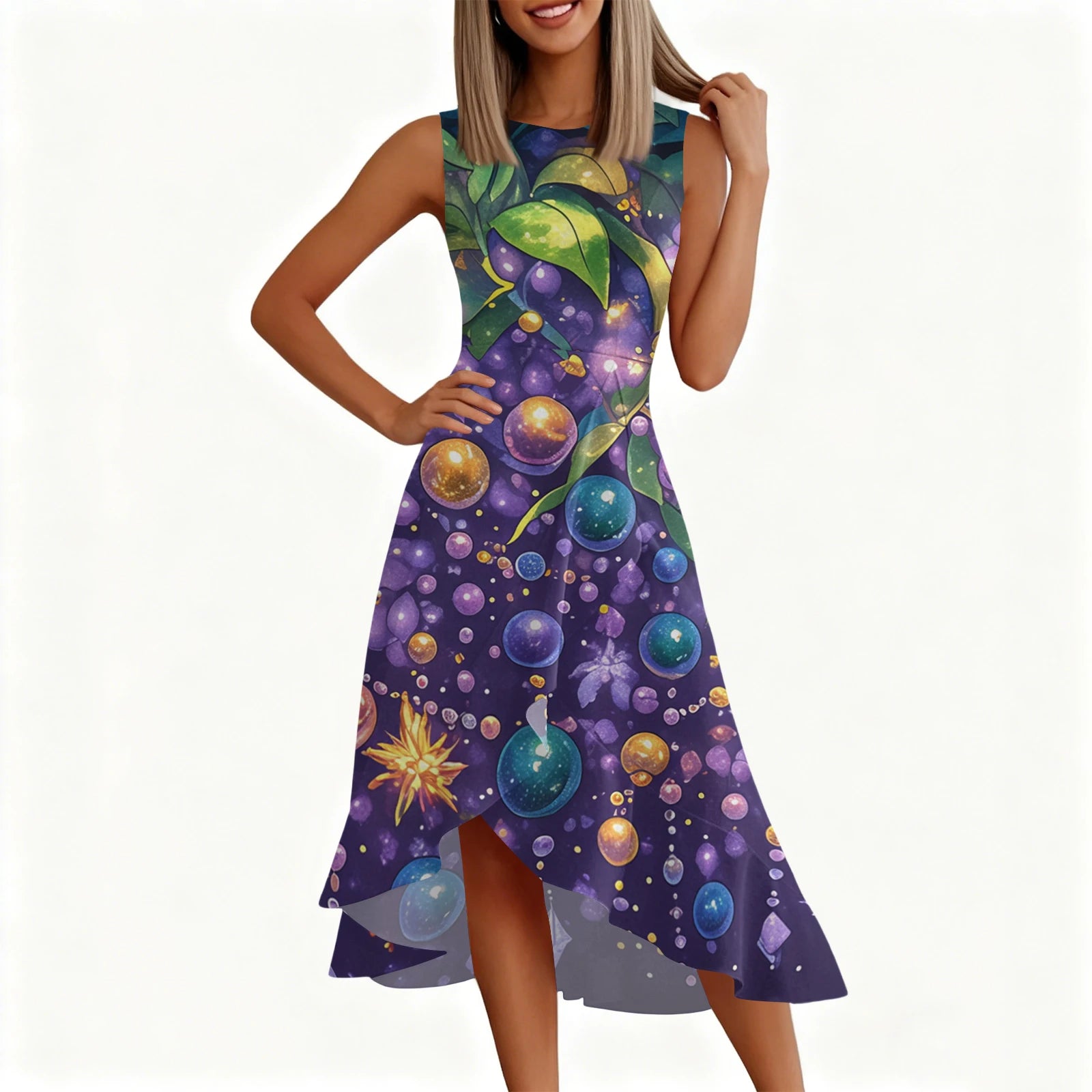 Carnival Women's Dress 🎉 Ruffled Printed Casual Dress 👗 Sleeveless Round Neck Stylish Festival Costume ✨