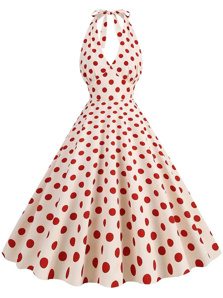 Women’s Vintage Halter Party Dress – Summer Polka Dot Midi Cocktail Prom Elegant Dress