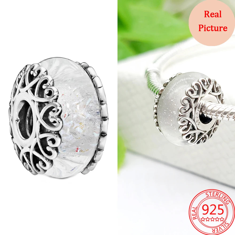 925 Sterling Silver Murano Glass Galaxy & Clover Heart Beads | Fit Pandora Bracelet DIY Jewelry Gift for Mum