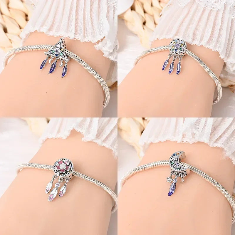 925 Sterling Silver Colorful Zircon Heart Dreamcatcher Charm – Feather Beads Fit Original Pandora Bracelet DIY Jewelry Gift for Women