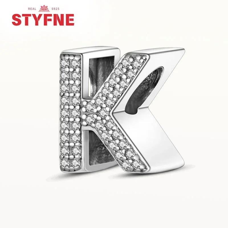 925 Sterling Silver Alphabet Letter Charm Beads with Shiny Zircon – A-Z Initial Beads for Pandora DIY Bracelet & Women’s Jewelry