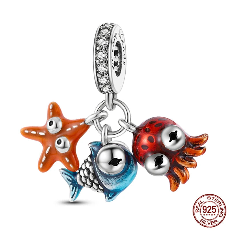 Blue Ocean Series 925 Sterling Silver Turtle Crab Mermaid Charms for 3mm Bracelet