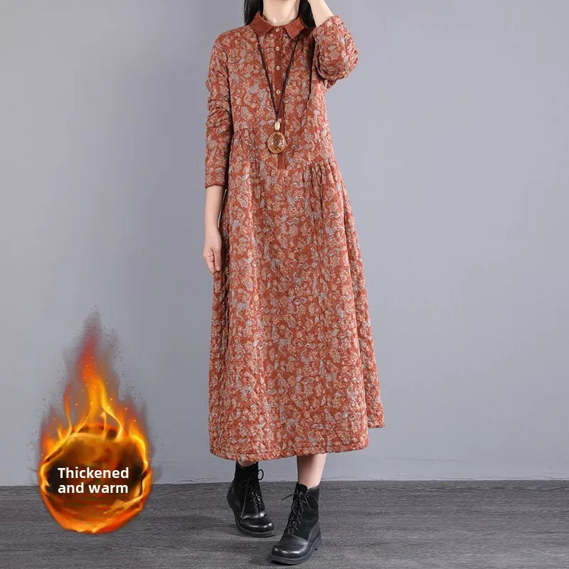 Thickened Floral Print Retro Women’s Dress – Cotton-Lined Warm A-Line Skirt with Long Sleeves & Collar | Winter Casual Dress