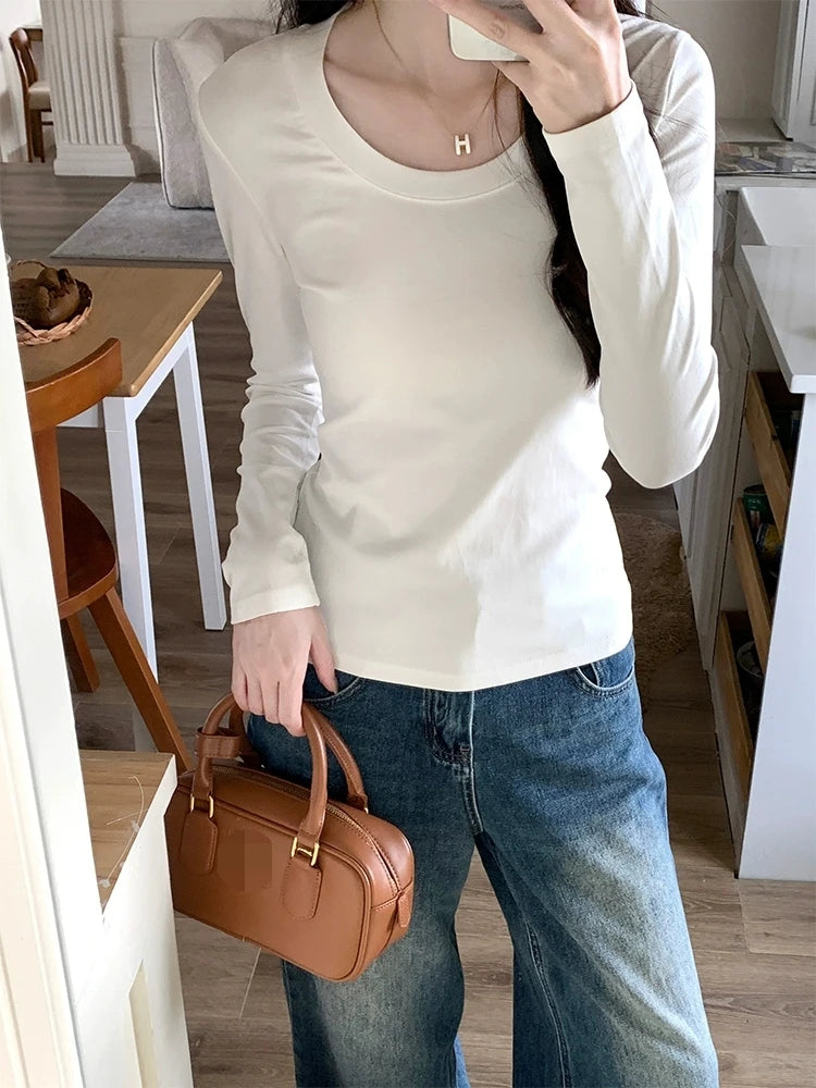 Women’s U-Neck Long Sleeve T-Shirt | Autumn Winter Cotton Slim Casual Top | Basic Solid Korean Style
