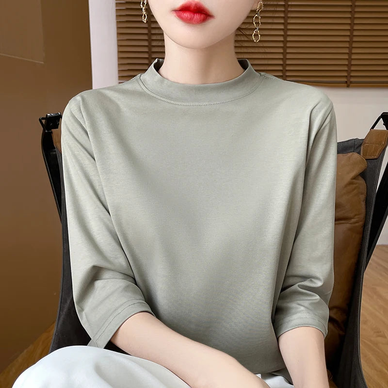 Women’s Cotton T-Shirt | Semi-High-Neck Cropped Sleeve Top | Loose Solid Color Summer & Autumn Bottoming Tee