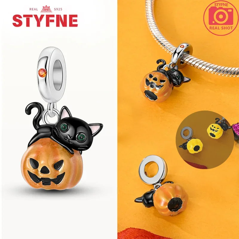 925 Sterling Silver Luminous Pumpkin Skull Charm – Halloween Series Beads Fit Original Pandora Bracelet Women DIY Jewelry Gift